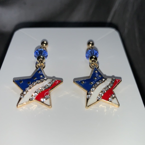 Star American Flag Pendant Red White and Blue Dangles From Stud with Blue Czech - Picture 8 of 12